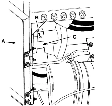 Left side hopper lift bearing: left side access door (A), grease fitting (B) and lift bearing (C)