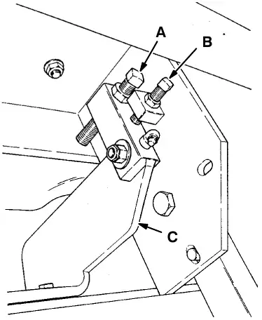 Debris hopper limit bolts: lower limit bolt (A), upper limit bolt (B) and debris hopper (C)