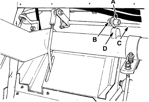 Speed limiter bearing: speed limiter bearing (A), retaining nut (B), pump linkage (C) and lift arm cam (D)