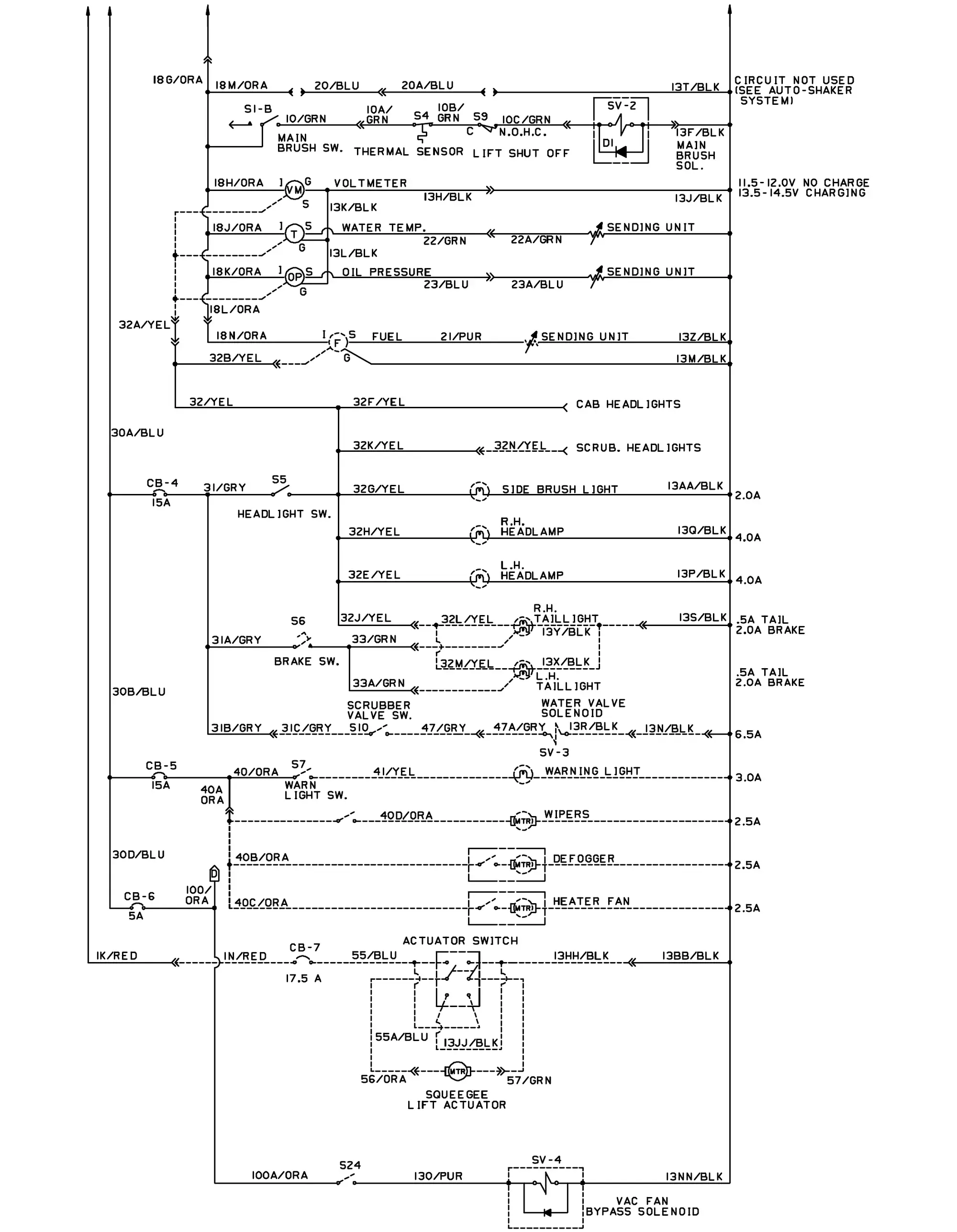 Wiring schematic for the auto shaker, RFS option, second of two pages: main brush solenoid, gauges and sending units, headlight, tail light and brake switch circuits, warning light, wipers, defogger, heater fan, squeegee lift actuator and vacuum fan bypass solenoid