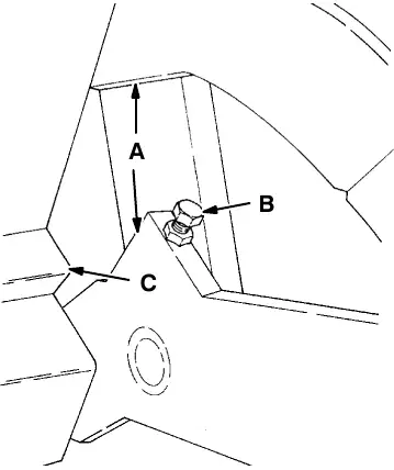 Latch stop bolt: lift arm (A), stop bolt (B) and hopper (C)