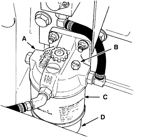 Fuel water trap-filter: filter head (A), vent plug (B), filter element (C) and water trap bowl (D)