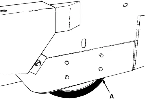 Front jacking location (A) on the flat bottom edge of the frame next to the front tire