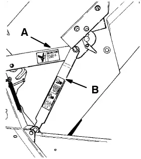 Engaged hopper support bar, low dump model: the lift arm pin (A) rests on the support bar (B)