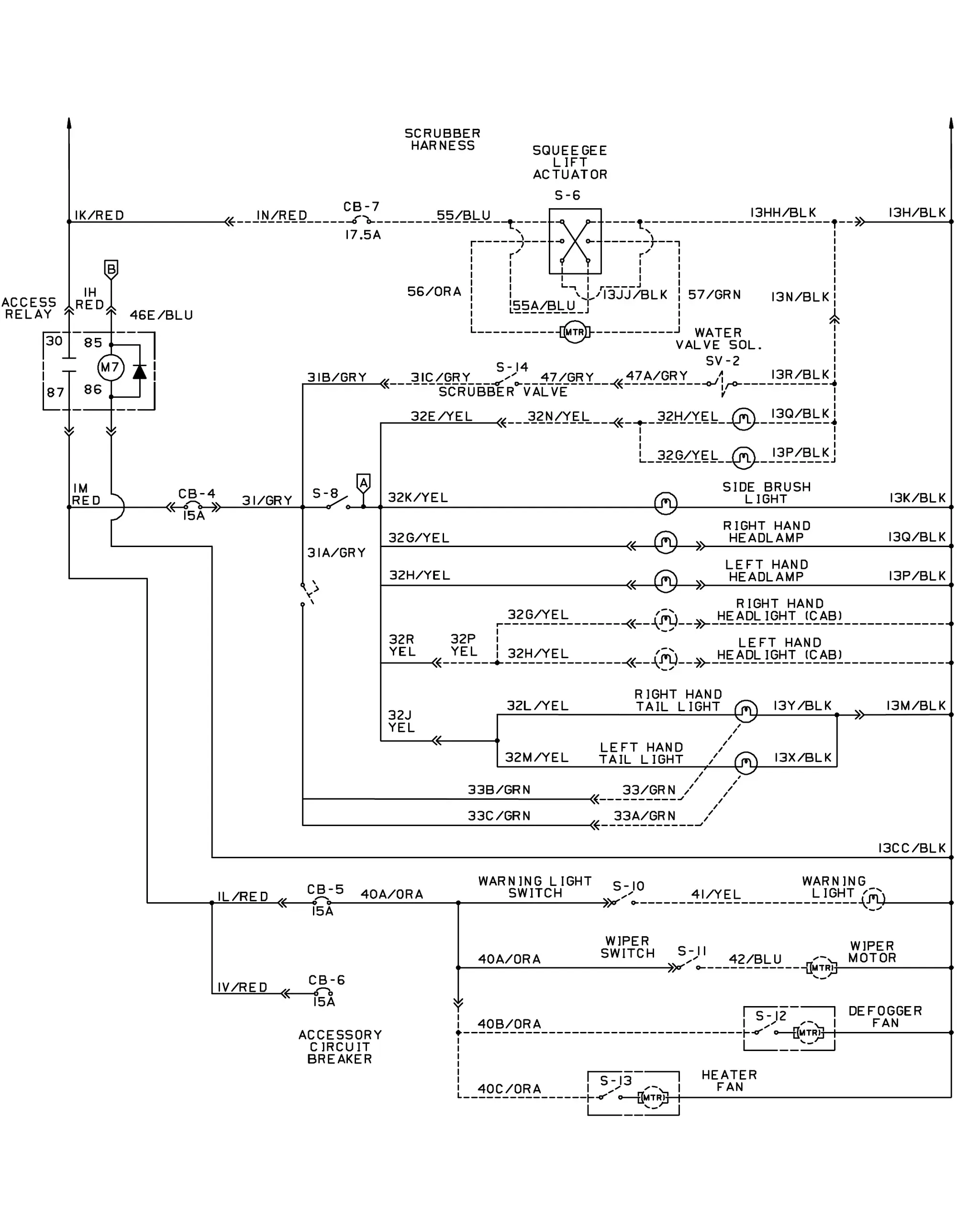 Wiring schematic for diesel machines serial number 010750 and above, second of two pages: squeegee lift actuator, scrubber valve, side brush and head lamps, tail lights, warning light, wiper, defogger and heater fan circuits