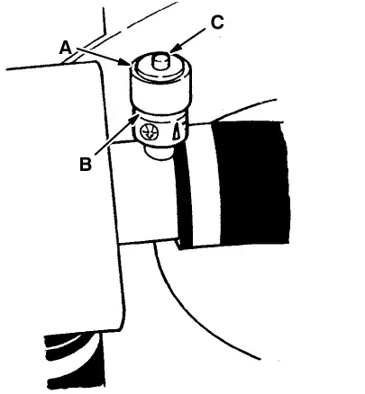 Air filter restriction indicator: restriction indicator (A), indicator window (B) and indicator reset button (C)