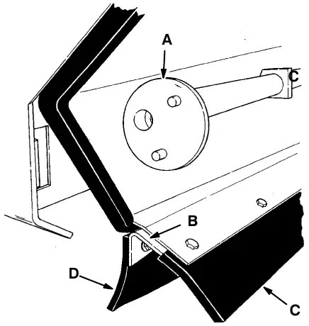 Rear skirts: brush idler arm hub (A), skirt mounting bracket (B), rear floor skirt (C) and brush contact skirt (D)
