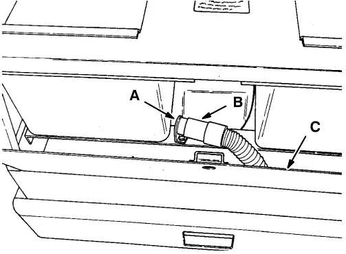 Recovery tank drain hose behind the front access door, with the plug (A), drain hose (B) and access door (C) marked