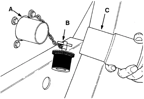 Connecting the vacuum hose on a low dump model: vacuum connection (A), vacuum plug (B) and hose (C)