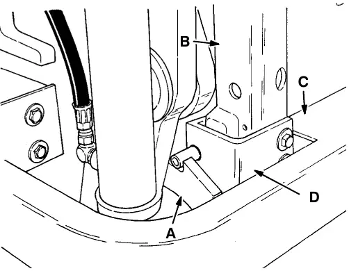 Hopper dump door latch: hopper dump door latch (A), hopper door (B), bumper (C) and latching bracket (D)