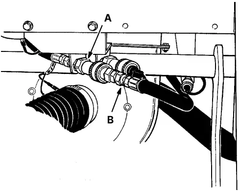 Reconnected hose: operator-side port (A) and hydraulic hose (B)