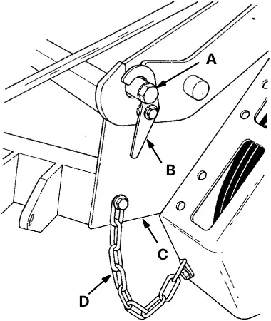 Lift arm hook: pin (A), hook (B), mounting frame (C) and limiting chain (D)