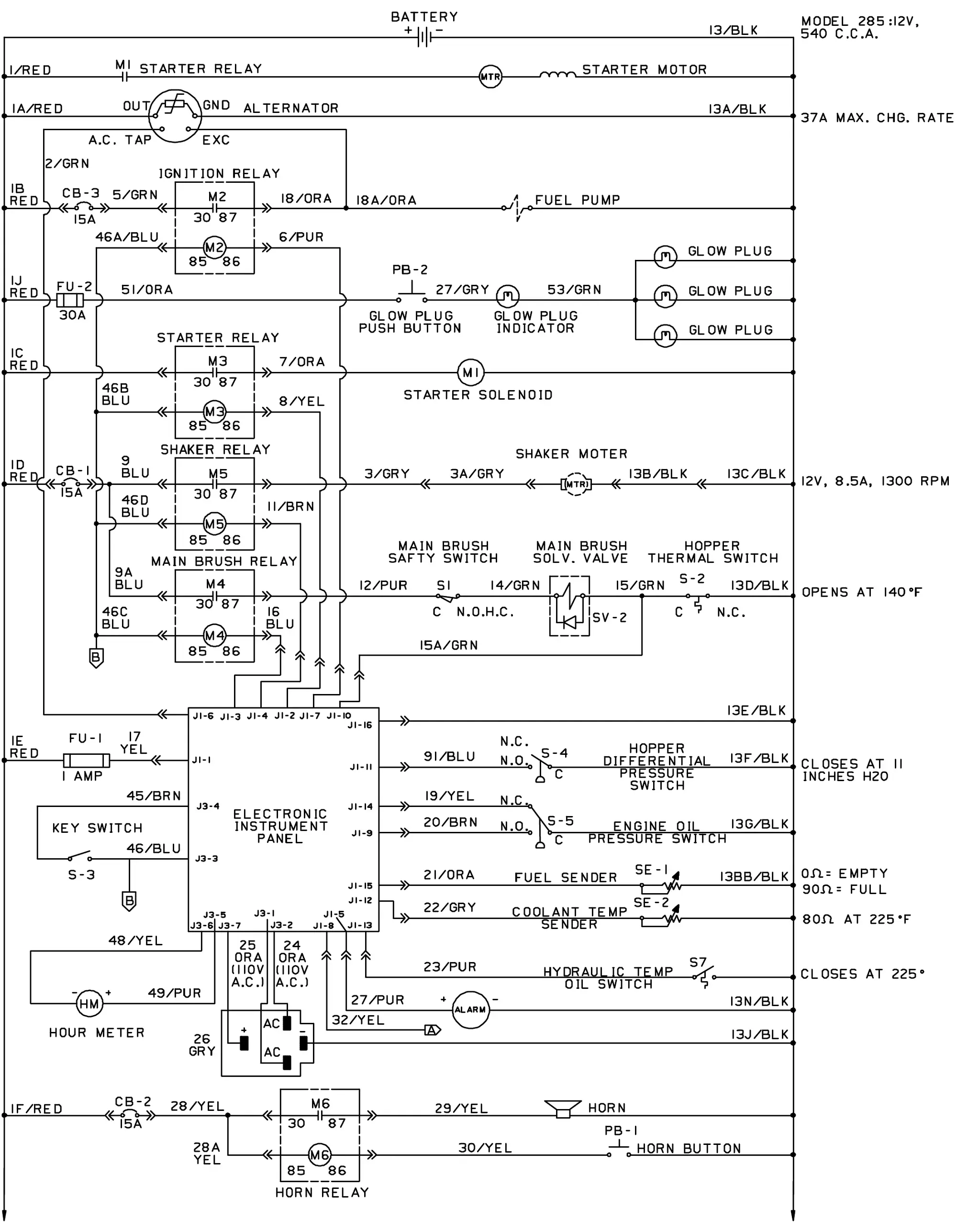 Wiring schematic for diesel machines serial number 010750 and above, first of two pages: battery, starter, alternator, relays, glow plugs, electronic instrument panel, switches, sensors, hour meter, alarm and horn