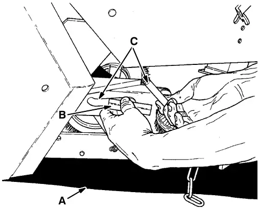 Securing the squeegee retaining pins: squeegee assembly (A), pin keeper (B) and pin (C)