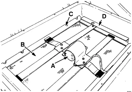 Dust filter shaker assembly: filter shaker motor (A), dust filter (B), frame nut (C) and shaker frame (D)