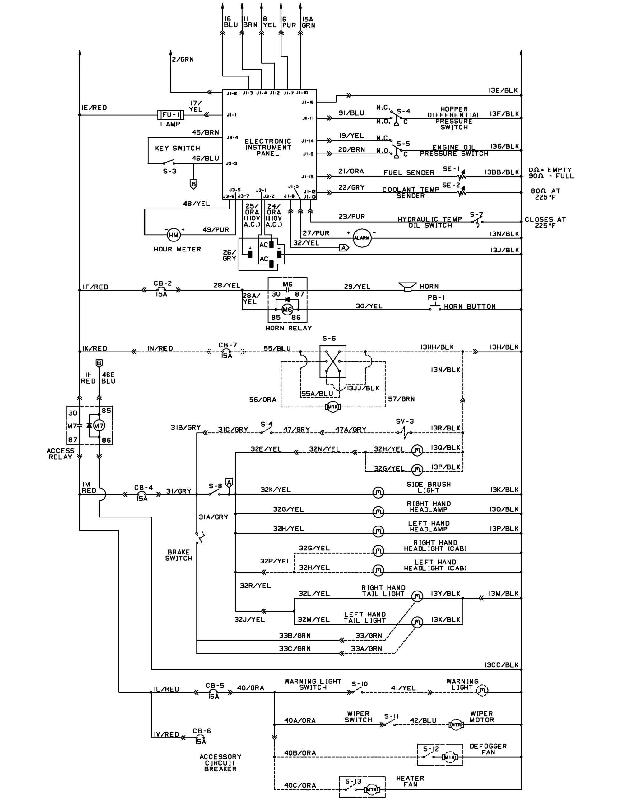 Wiring schematic for gasoline and LPG machines serial number 010750 and above, second of two pages: electronic instrument panel, hour meter, alarm, horn relay, squeegee lift actuator, scrubber valve, lights, wipers, defogger and heater fans