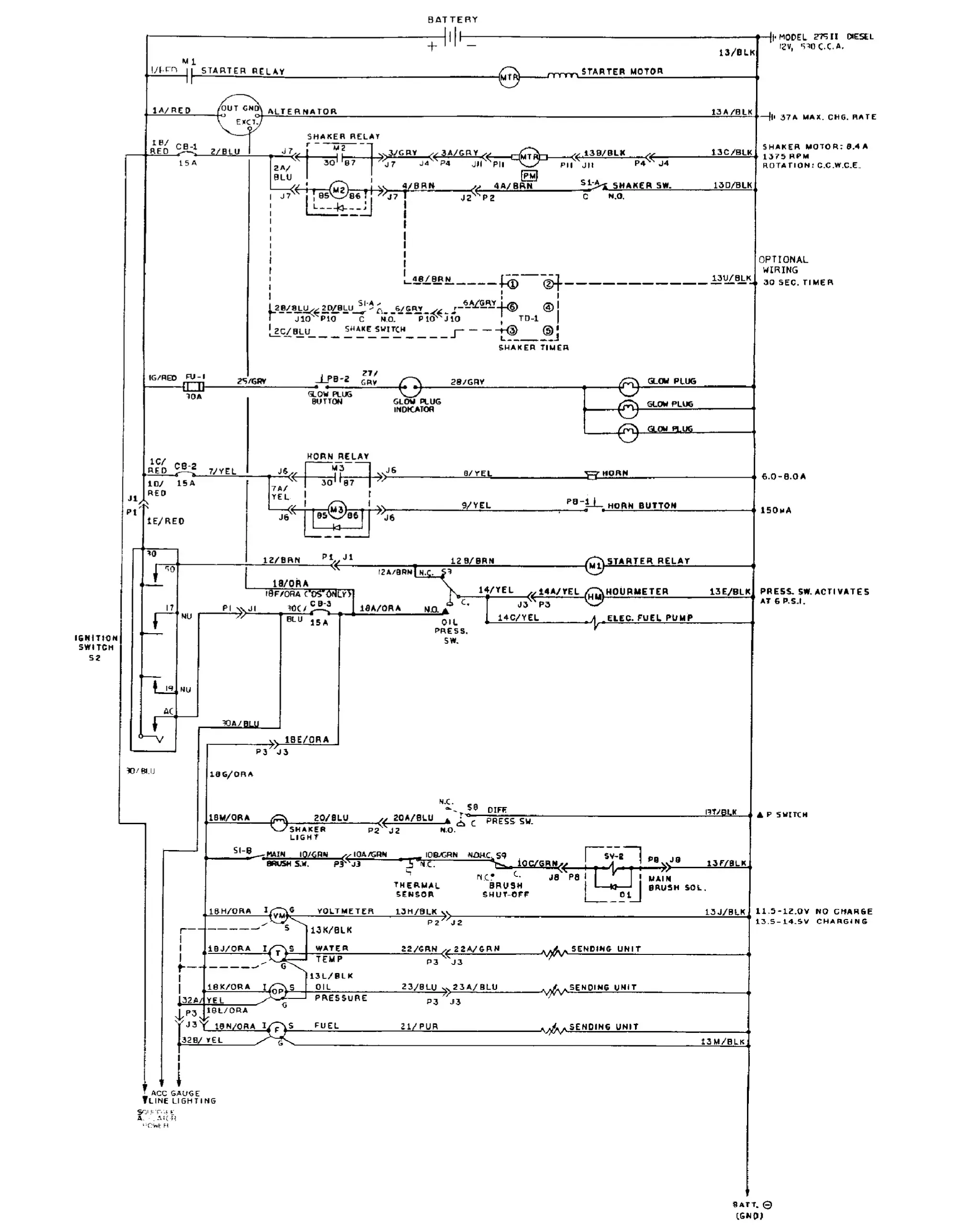 Wiring schematic for diesel machines below serial number 010750: battery, starter, alternator, shaker relay and shake timer, glow plugs, horn relay, ignition switch, oil pressure switch, gauges and sending units, main brush solenoid