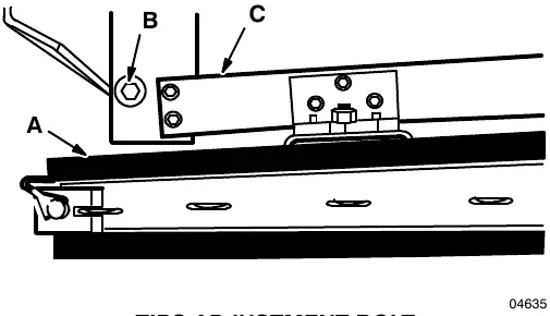 Tips adjustment bolt: squeegee assembly (A), adjustment bolt (B) and cross bar (C)