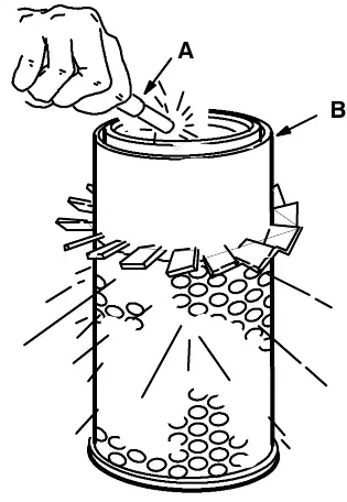 Cleaning the air filter element with an air hose: air hose (A) and filter element (B)