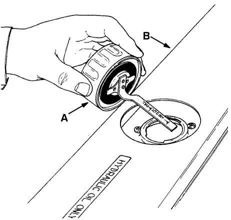 Reservoir breather-filler cap being removed: breather-filler cap (A) and seat support (B)
