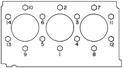 Diesel cylinder head bolt tightening sequence: fourteen bolts numbered 1 to 14 around three cylinder bores