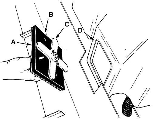 Rear clean-out door: clean-out door (A), door seal (B), door fingers (C) and recovery tank (D)