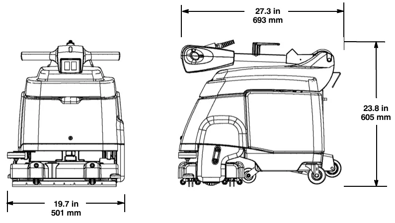 Front and side outline drawings of the T1 with dimensions: width 19.7 in (501 mm), length 27.3 in (693 mm) and height 23.8 in (605 mm) with handle folded