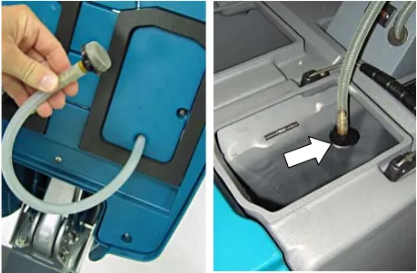 Solution hose screen being lowered into the solution tank, with an arrow pointing to the screen in the tank