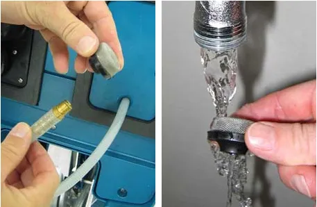 Removing the solution hose screen and rinsing it under running water