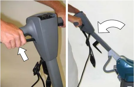 Hand pulling the handle adjustment lever, and the handle being tilted to a new height