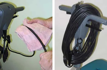 Fig. 20: wiping the power cord with a cloth. Fig. 21: power cord wrapped around the handle and cord hook