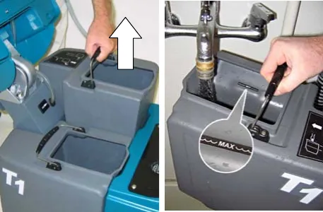 Fig. 5: lifting the solution tank out of the machine. Fig. 6: filling the tank at a faucet, with the MAX fill label shown