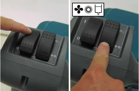 Fig. 13: pressing the main power switch. Fig. 14: pressing the scrubbing mode switch toward the vacuum, brush and solution symbols
