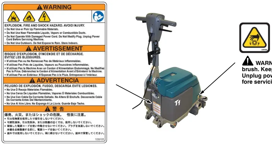 Multilingual explosion, fire and shock warning label on the lower rear of the machine, and the spinning brush warning label on the lower front near the brush head, with arrows to their locations on the T1
