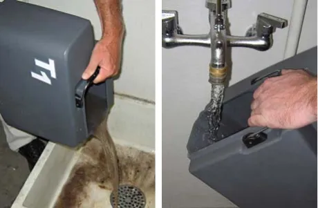 Emptying a tank into a drain, and rinsing a tank under a faucet