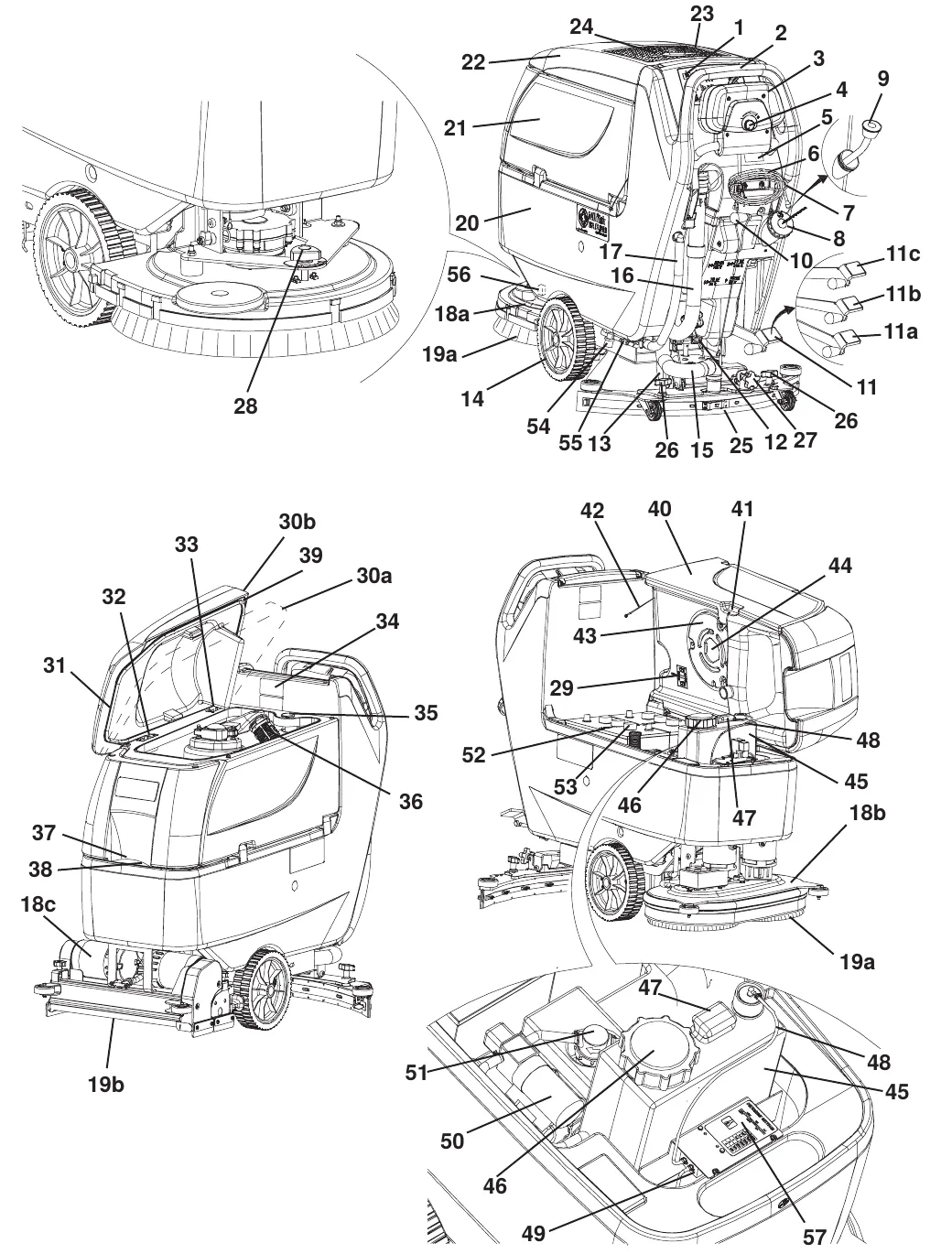 Drawings of the machine from rear, front and open-tank views with component callout numbers 1 to 57, matching the list on page 8