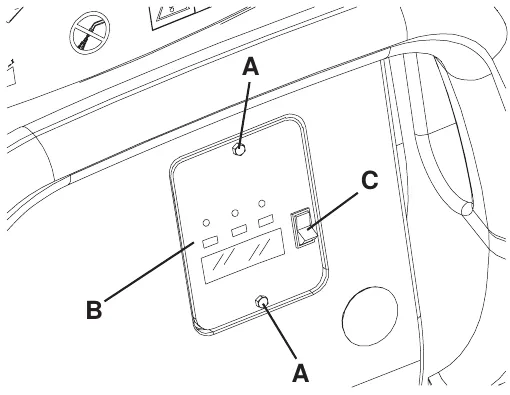 Battery charger data inspection window with callouts A for the two screws, B for the window and C for the WET/GEL selector
