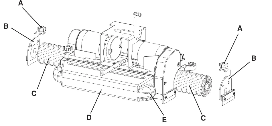 Cylindrical brush deck with two cylindrical brushes C pulled out, lids B and handwheels A at each end, and callouts D and E on the deck body