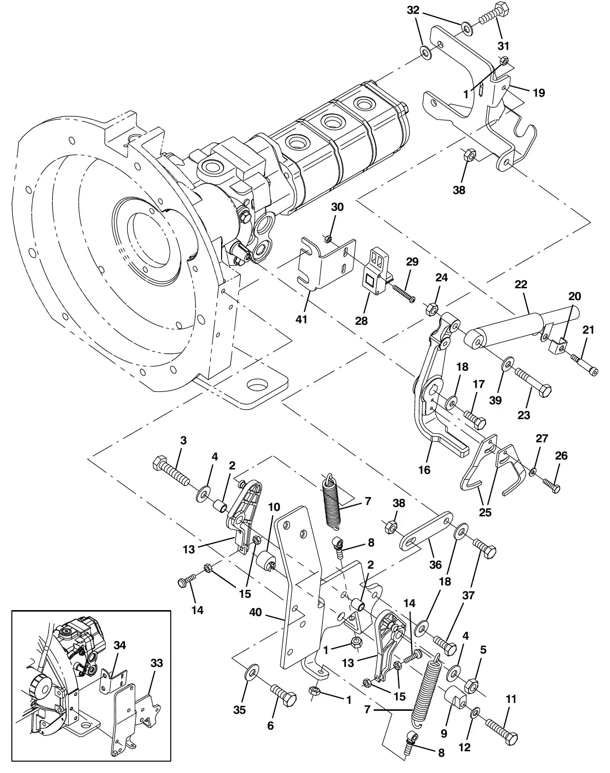 Tennant M20 hydraulic pump linkage group exploded view