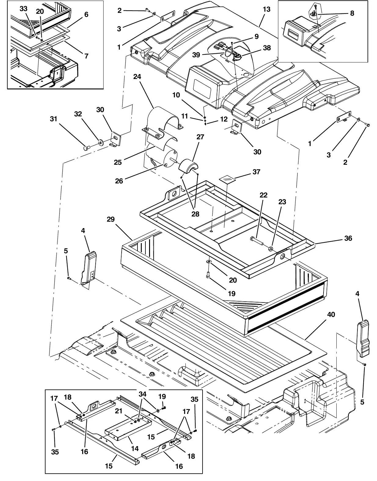 Tennant M20 hopper cover and dust filter group exploded view