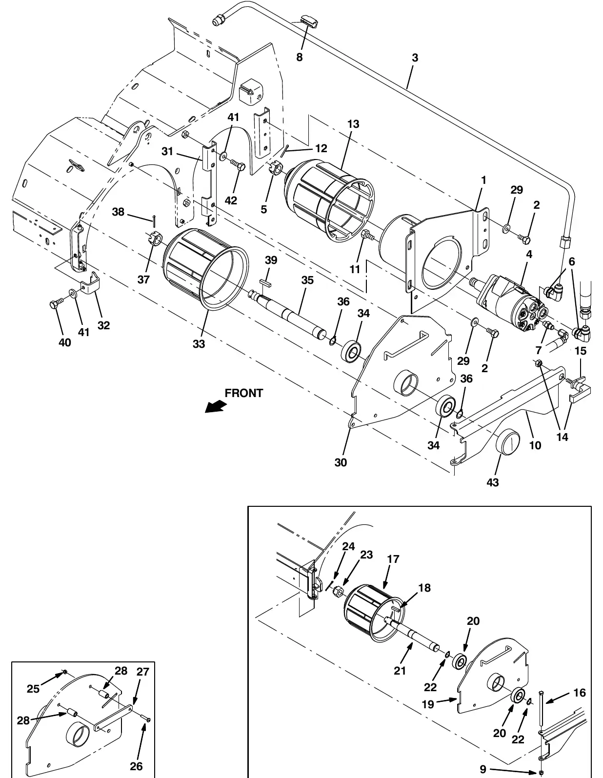 Tennant M20 cylindrical scrub brush drive group, left side exploded view