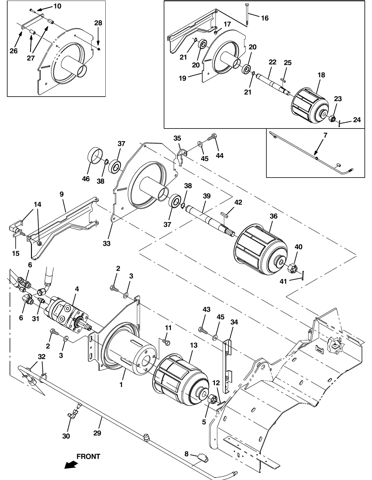 Tennant M20 cylindrical scrub brush drive group, right side exploded view