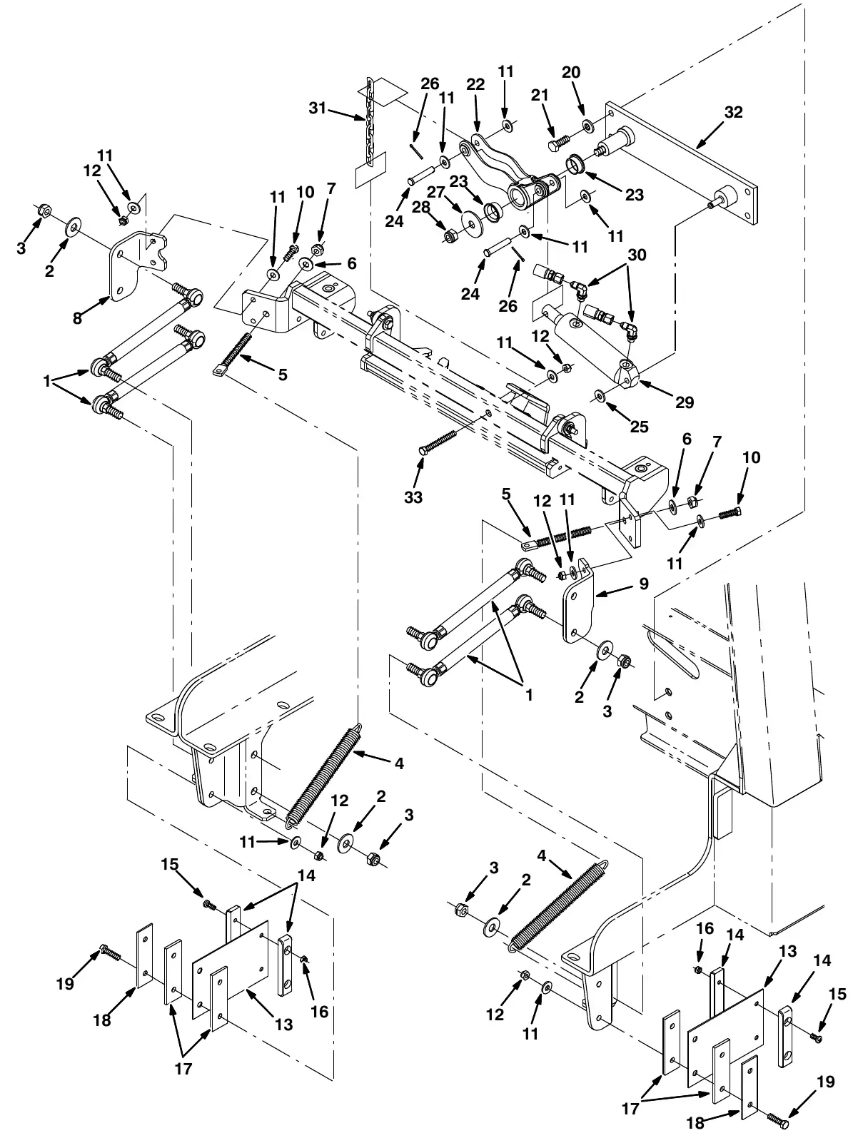 Tennant M20 squeegee lift group, rear exploded view