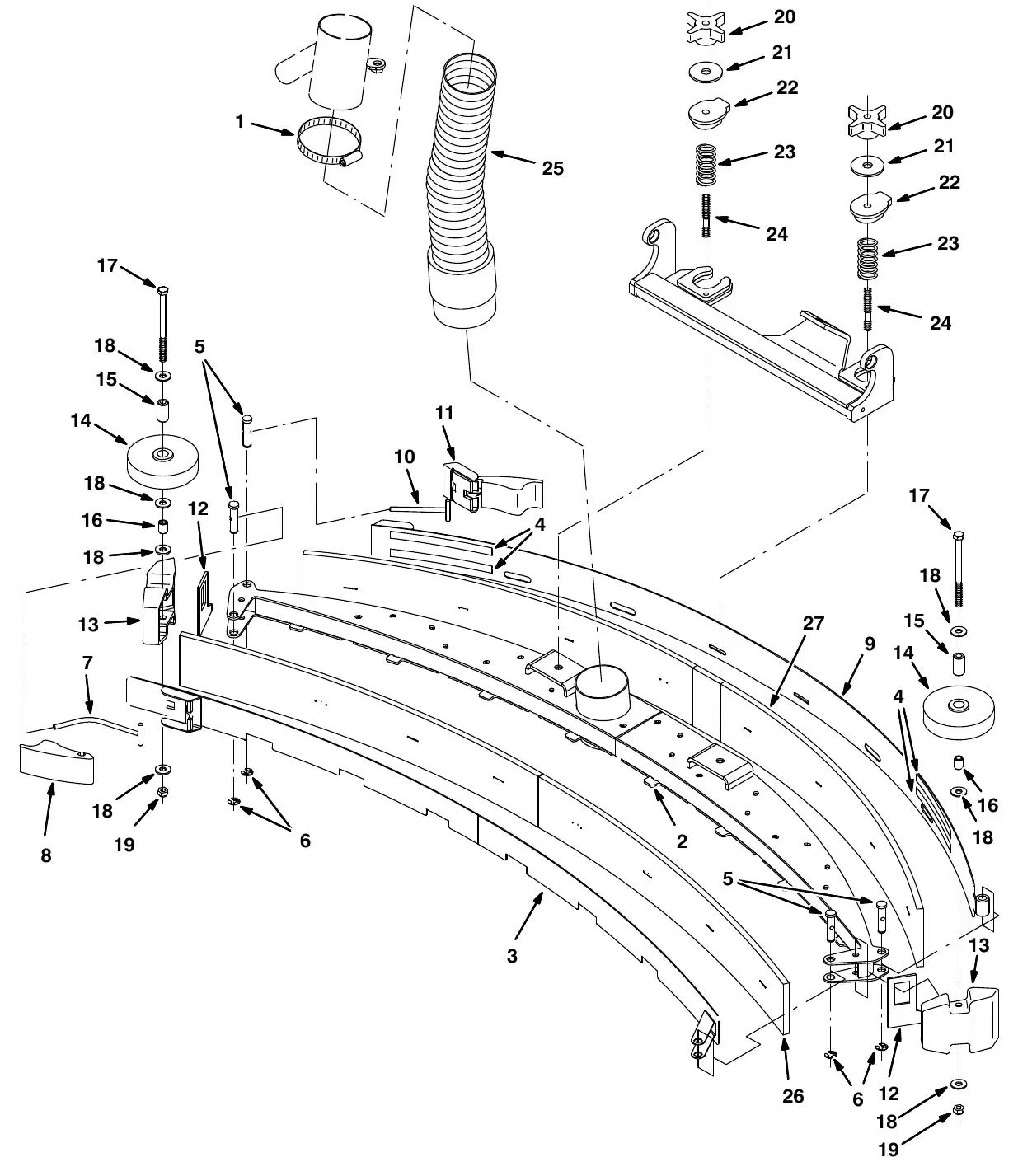 Tennant M20 squeegee group, rear exploded view