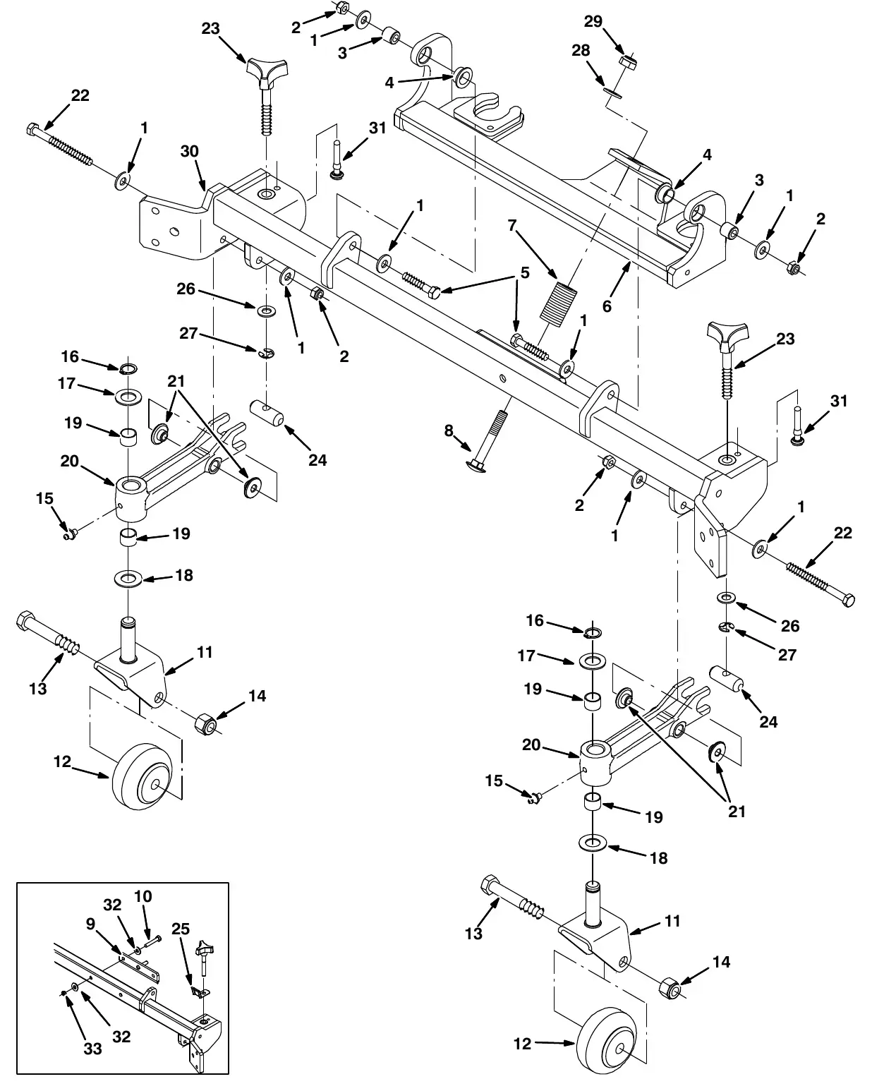 Tennant M20 squeegee linkage group, rear exploded view