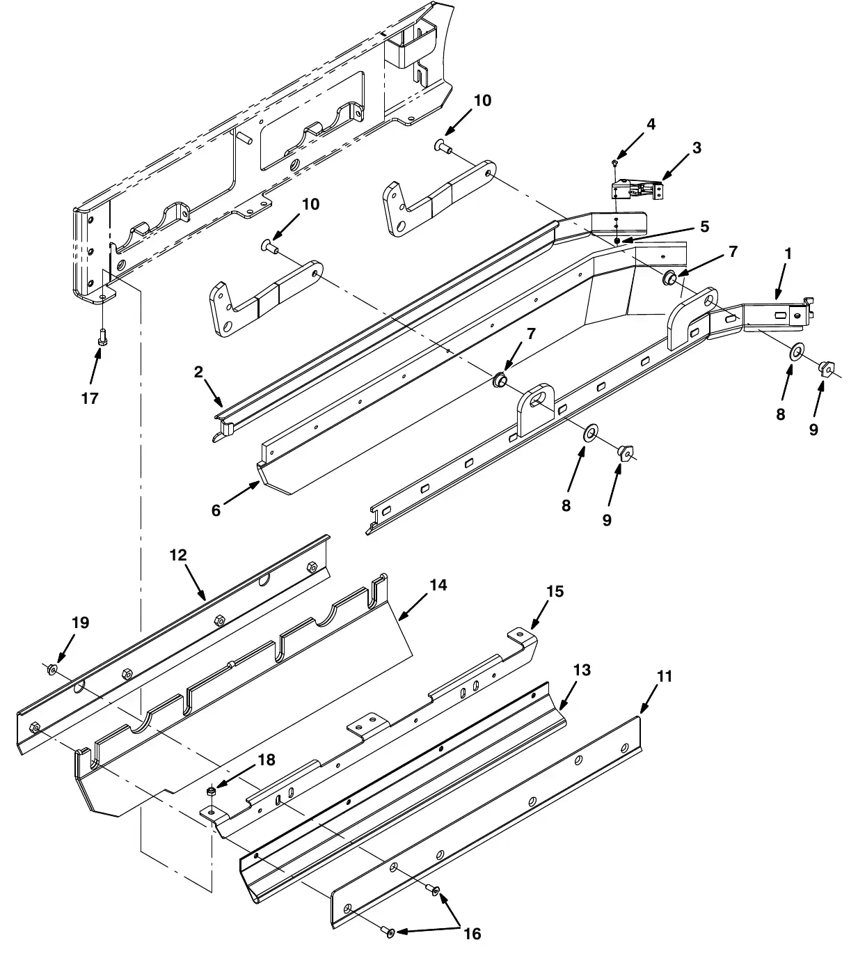 Tennant M20 squeegee group, right side exploded view
