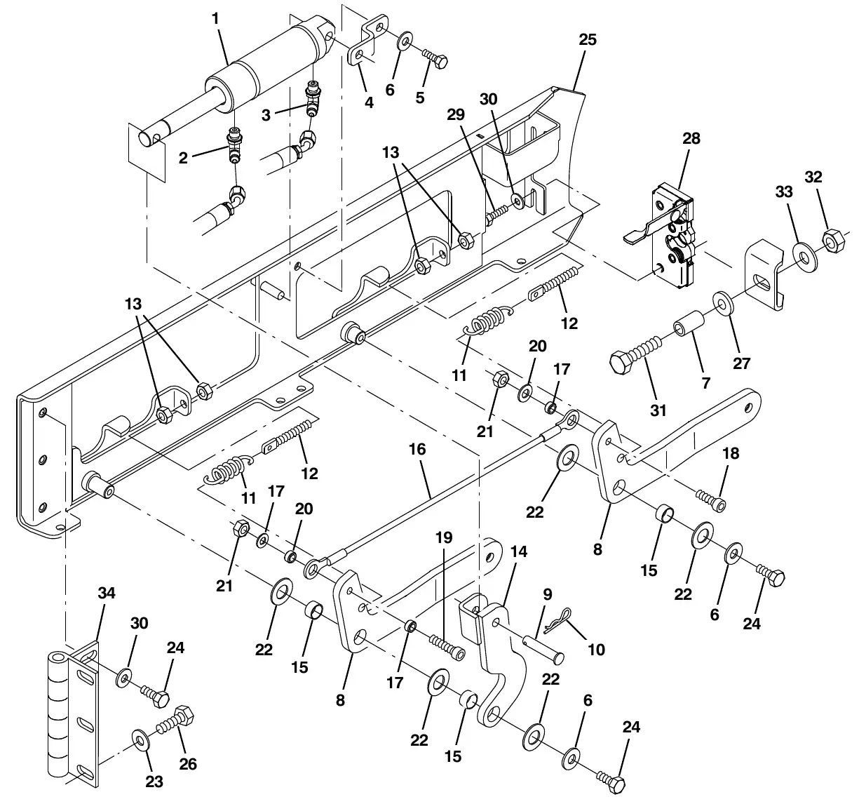 Tennant M20 squeegee lift group, right side exploded view
