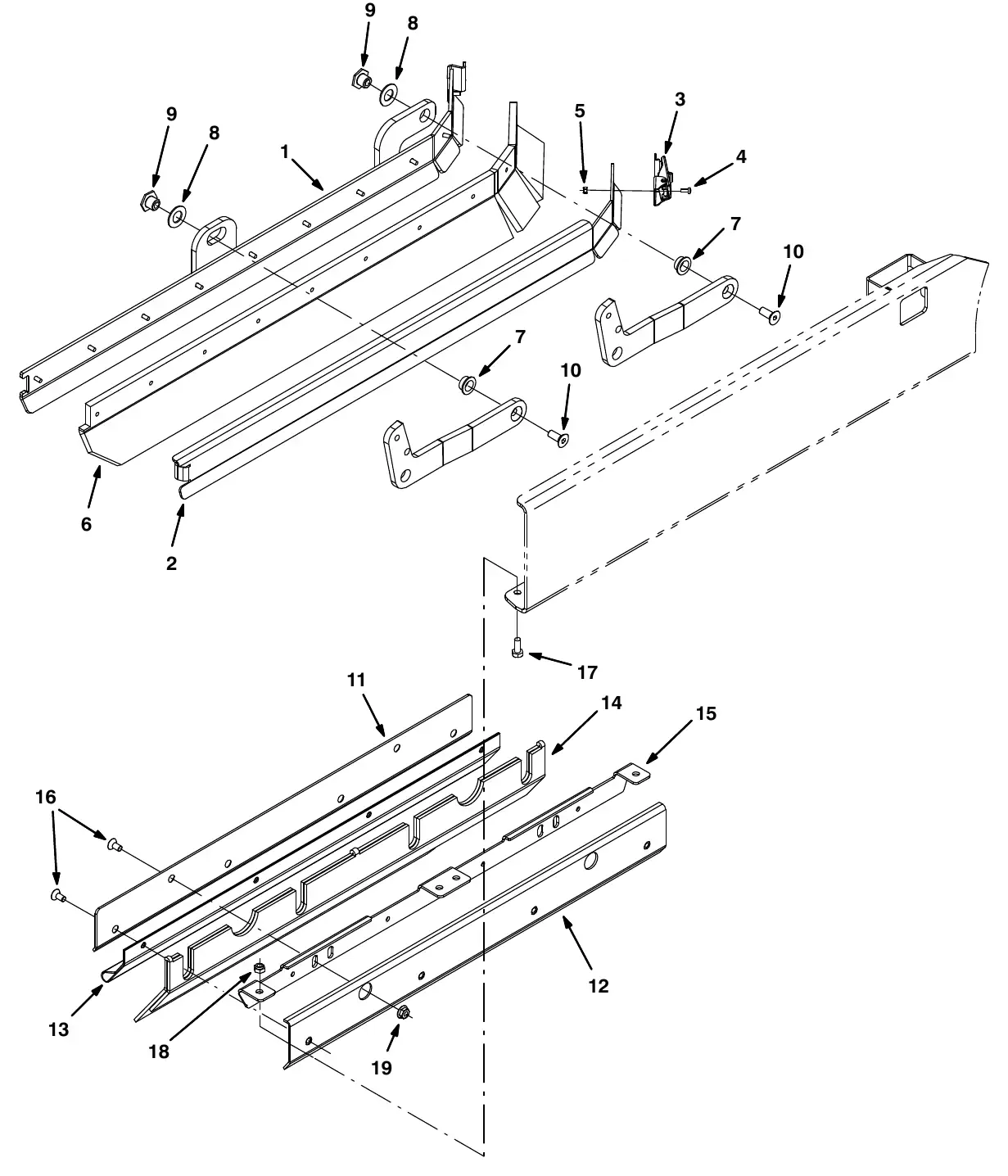 Tennant M20 squeegee group, left side exploded view