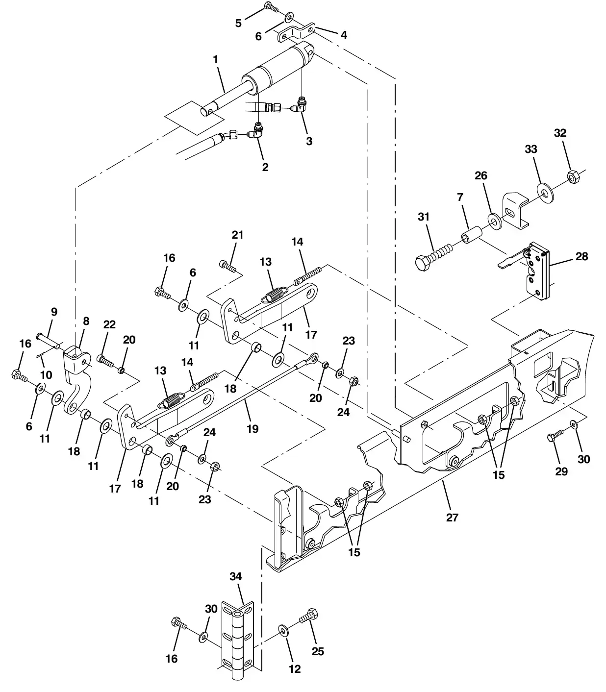 Tennant M20 squeegee lift group, left side exploded view