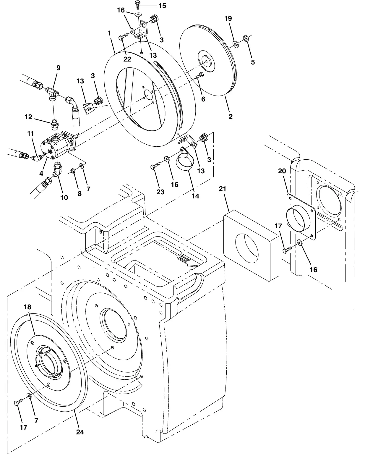 Tennant M20 vacuum fan group, scrubbing (006878 - ) exploded view